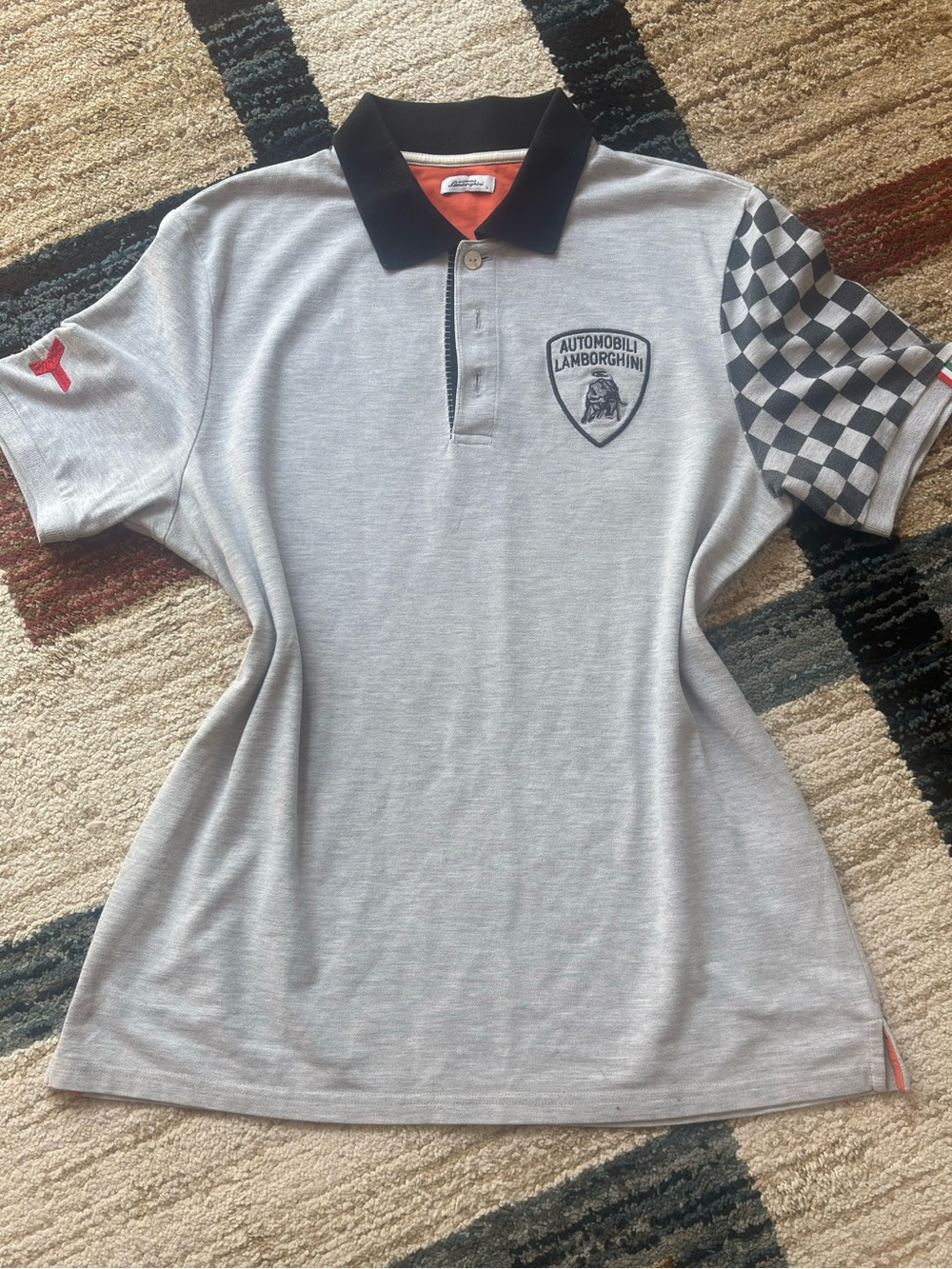 Official Automobili Lamborghini Men's Racing Polo Shirt - Grey/Black/Checkered